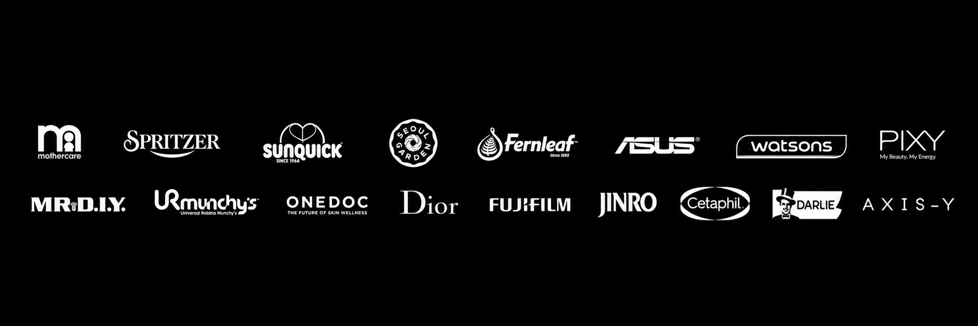 Selected brands worked with by the REFORM team, including Mothercare, Spritzer, Sunquick, Seoul Garden, Fernleaf, ASUS, Watsons, Pixy, Mr DIY, URC Munchy's, ONEDOC, Dior, Fujifilm, Jinro, Cetaphil, Darlie and Axis-Y
